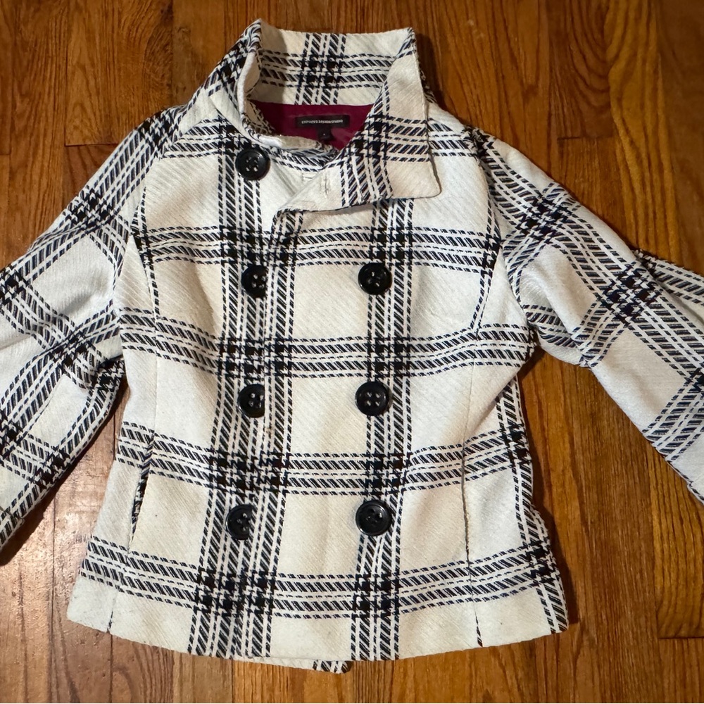 Y2K Express Black and Cream Plaid Jacket Size 4
